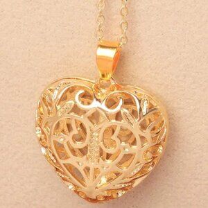 Heart Necklace 18Kt Gold Plated Hollow Cut Filigree Pendant YK Puffy Elegant New
